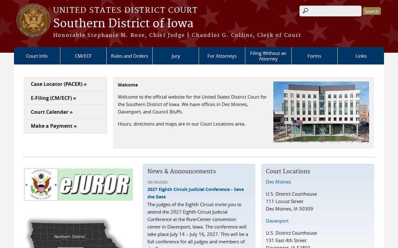 U.S. District Court for the Southern District of Iowa website serving federal cases from Lucas