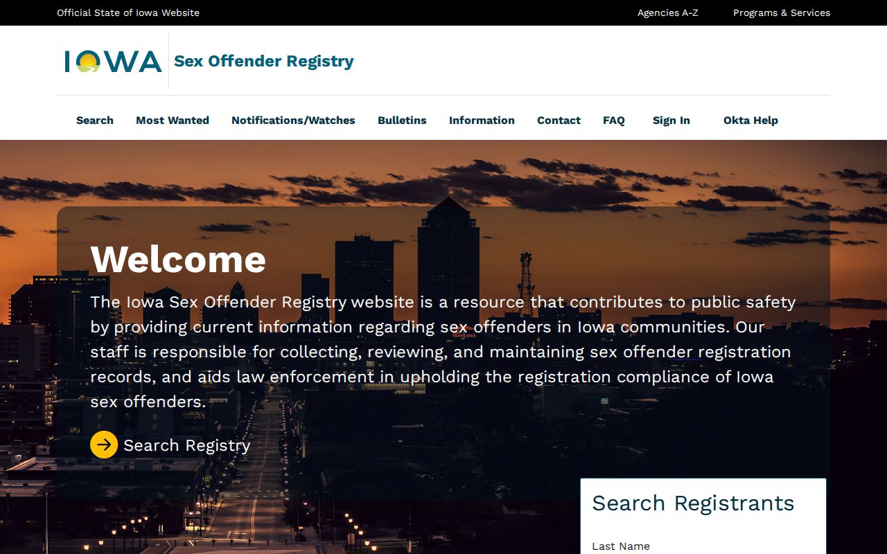 Iowa Sex Offender Registry official search home page