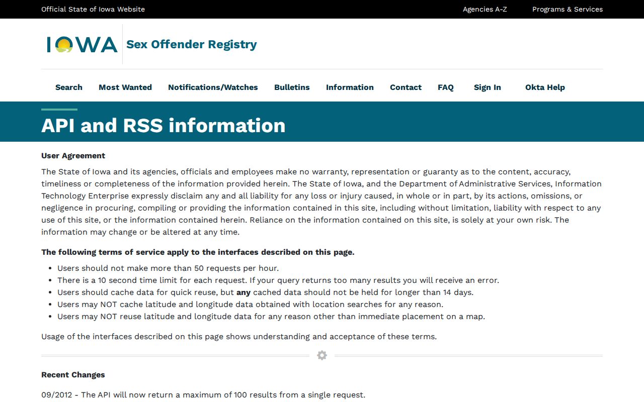 Iowa Sex Offender Registry public data field documentation used for Lucas County lookups